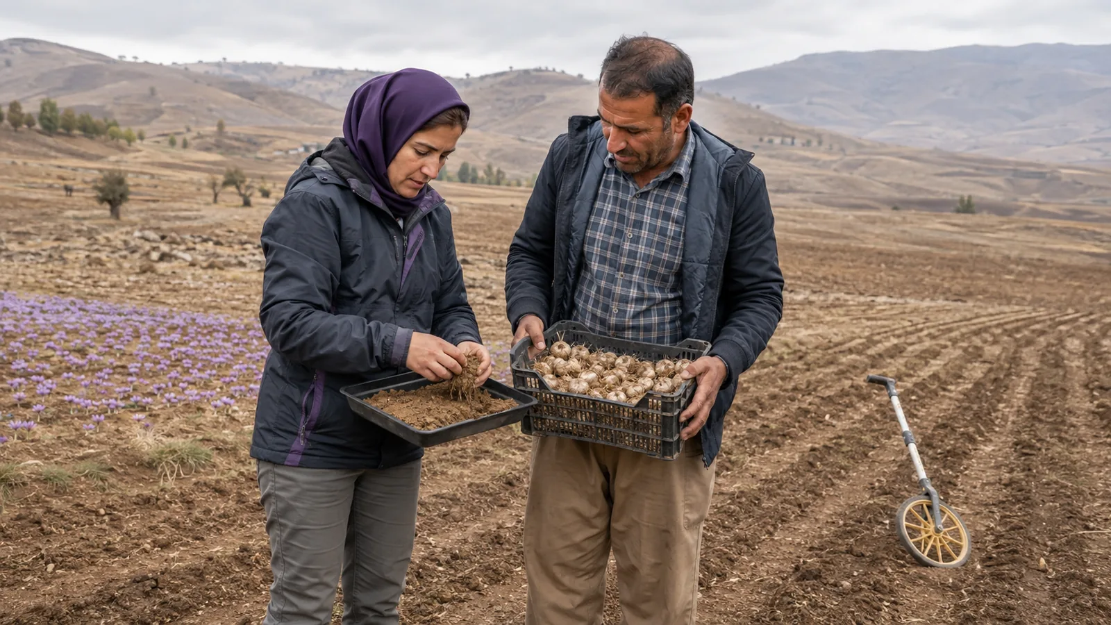 Agronomist and farmer assessing soil and saffron corms in Kermanshah