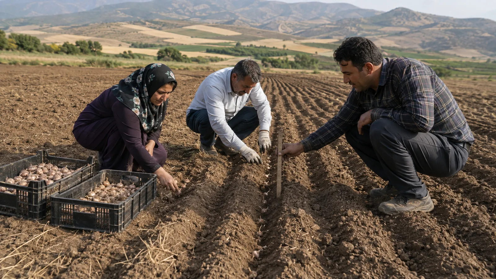 Farmers planting saffron corms with field guidance in Kermanshah
