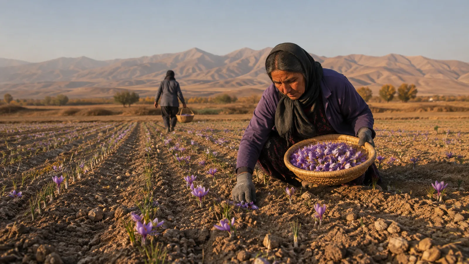 Worker collecting saffron flowers at the end of harvest in Neishabour