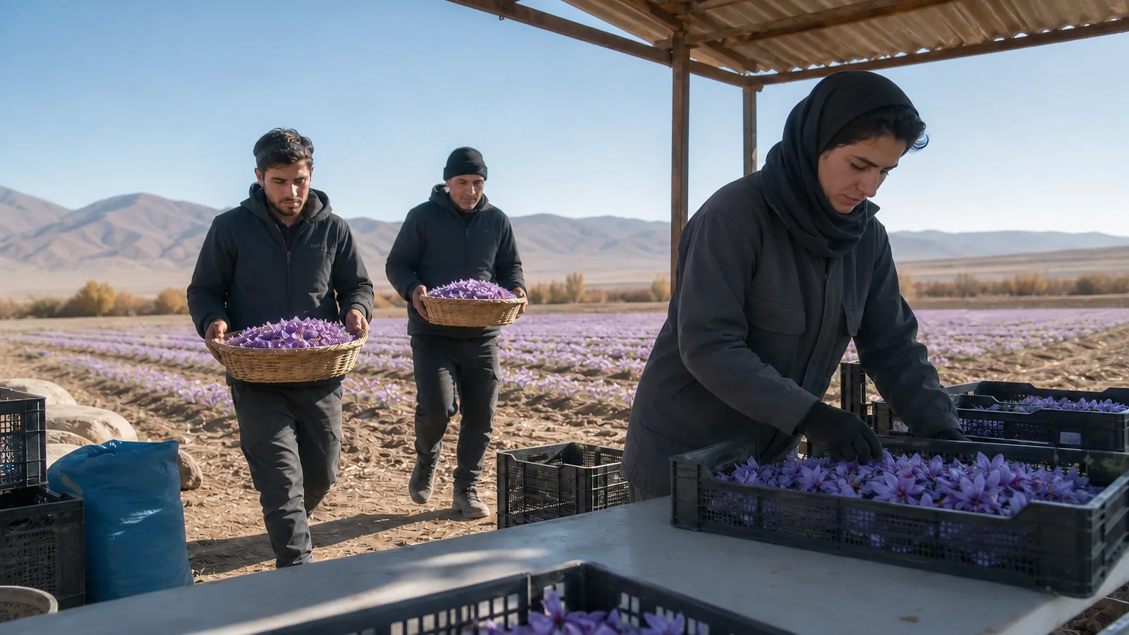Workers bringing saffron flowers to a sorting station in East Azerbaijan