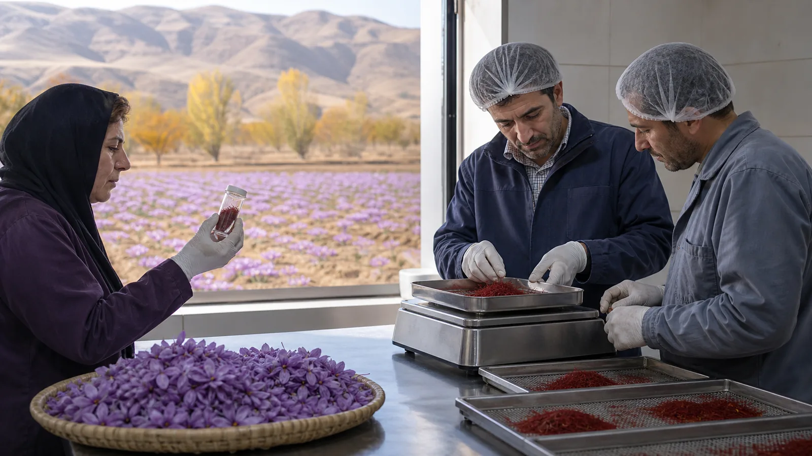 Growers weighing and inspecting saffron after harvest in Kermanshah