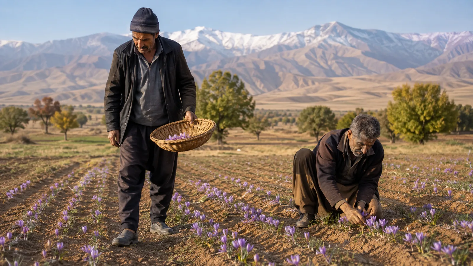 Growers beginning the saffron harvest on a Golpayegan farm