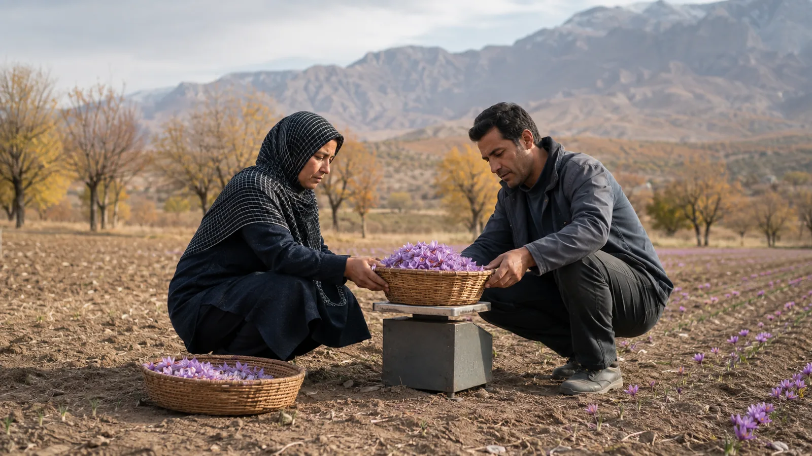 Grower and adviser weighing saffron flowers in a Hamedan field