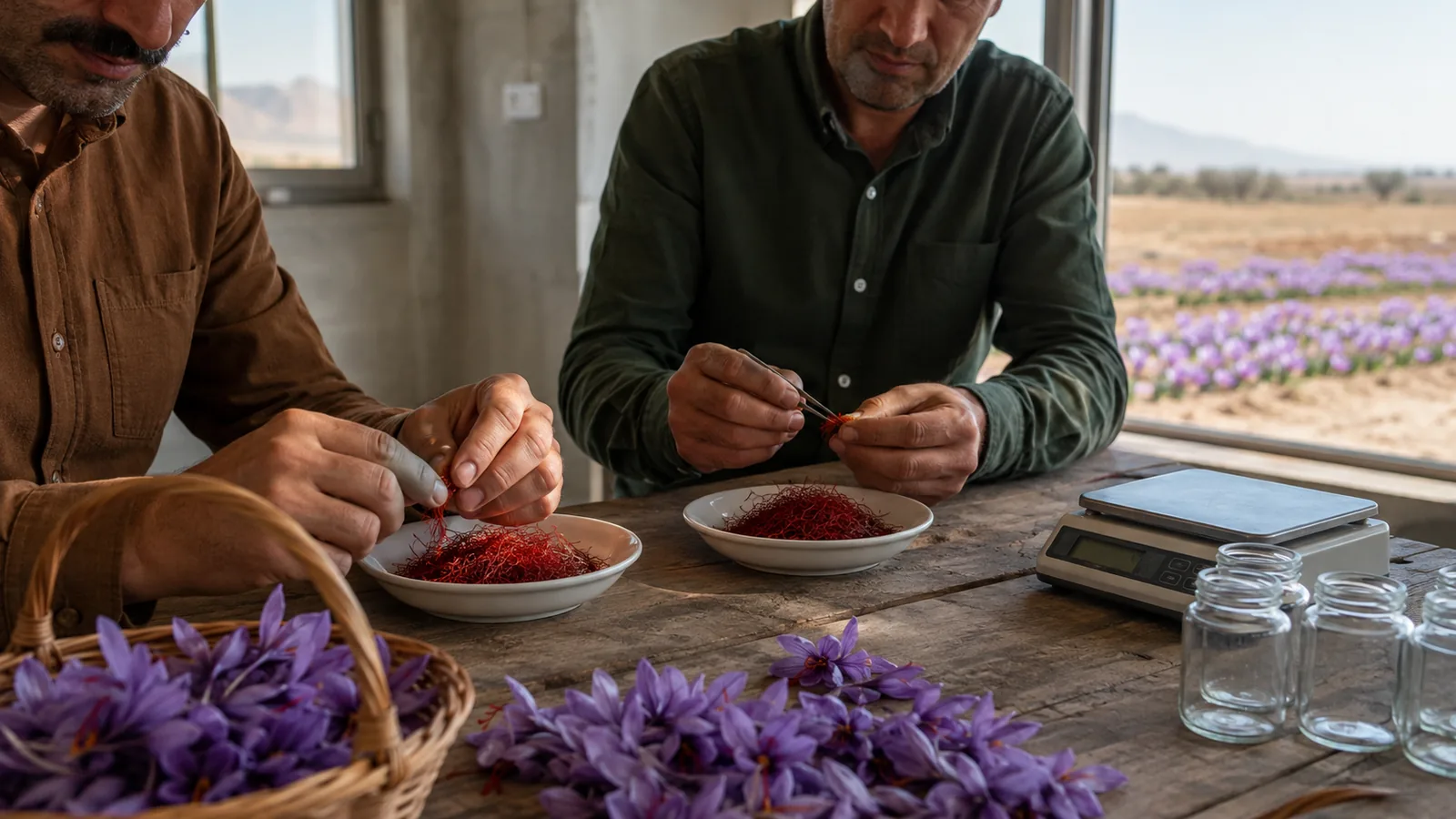 Growers comparing saffron threads during a quality inspection
