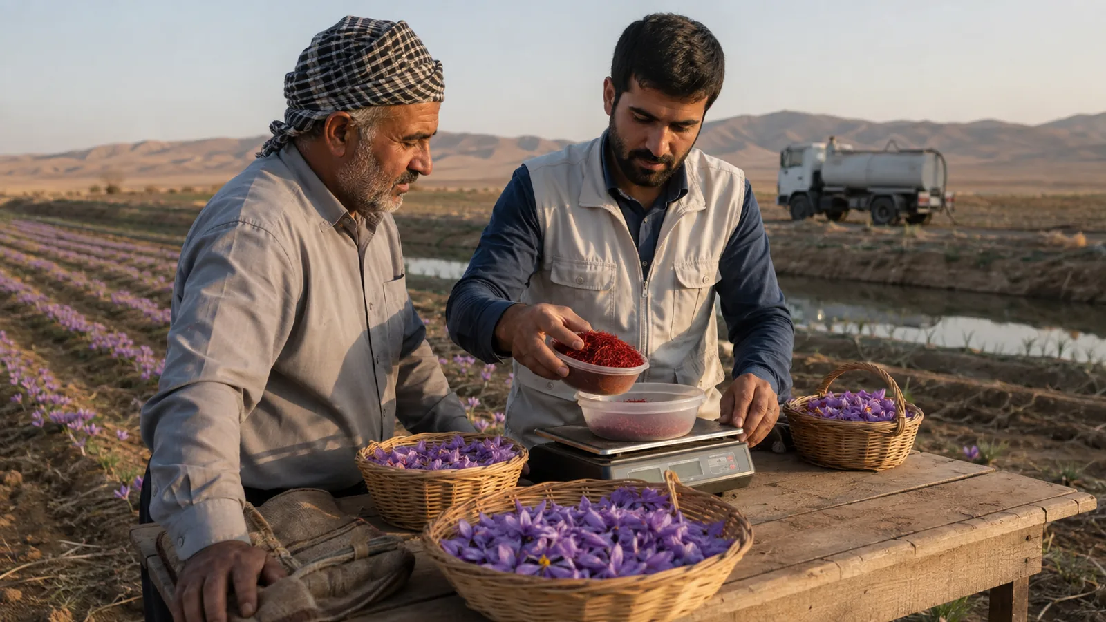 Bardaskan grower and adviser weighing dried saffron beside a field