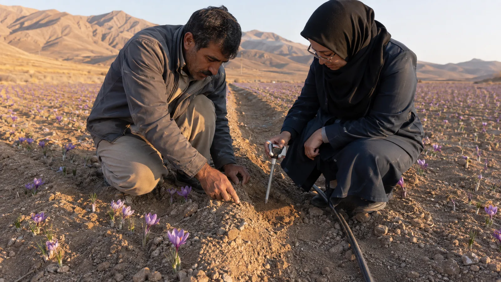 Farmer and adviser assessing dry soil in a Bardaskan saffron field