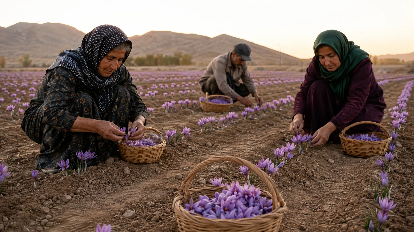 Local workers picking saffron flowers in Torqroud near Natanz
