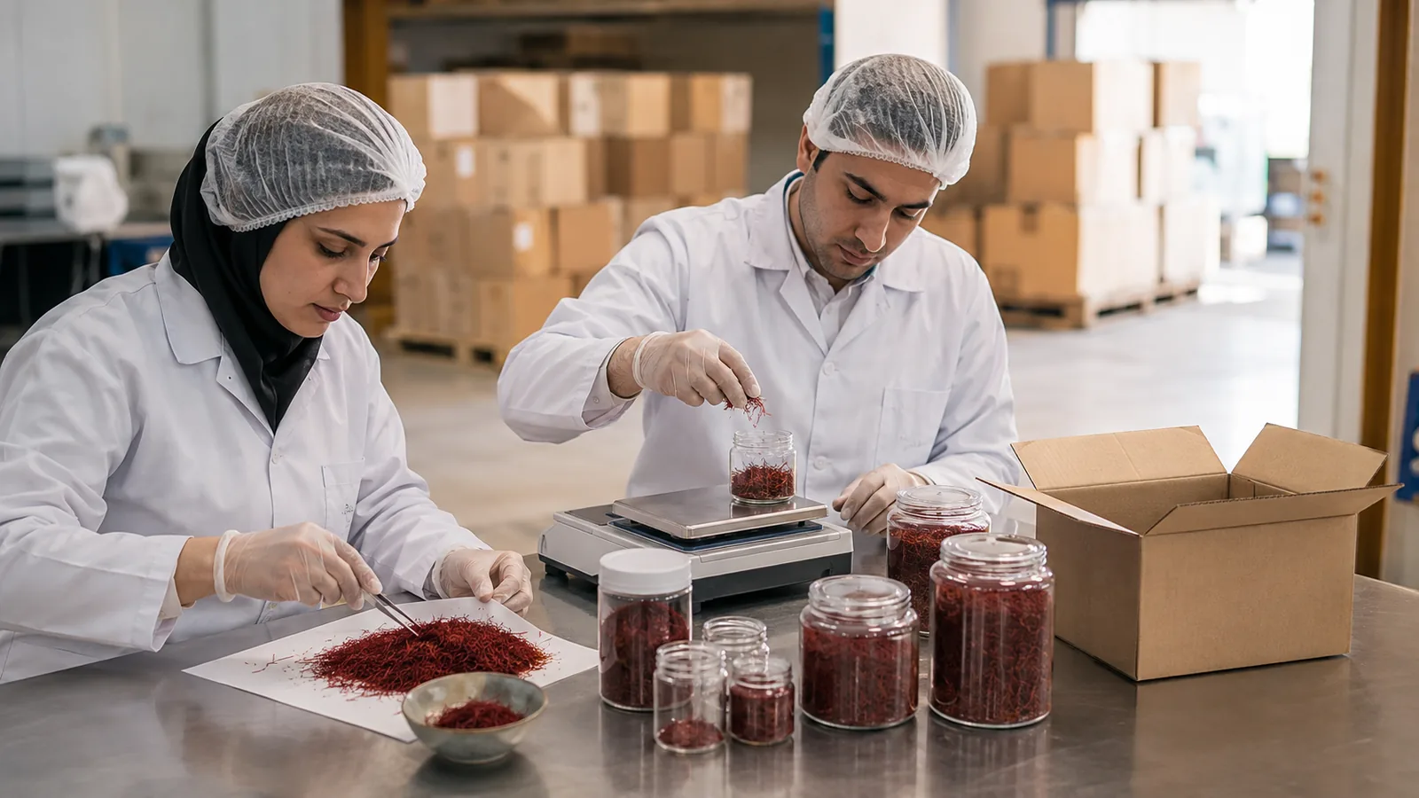 Quality-control workers weighing saffron for export packaging