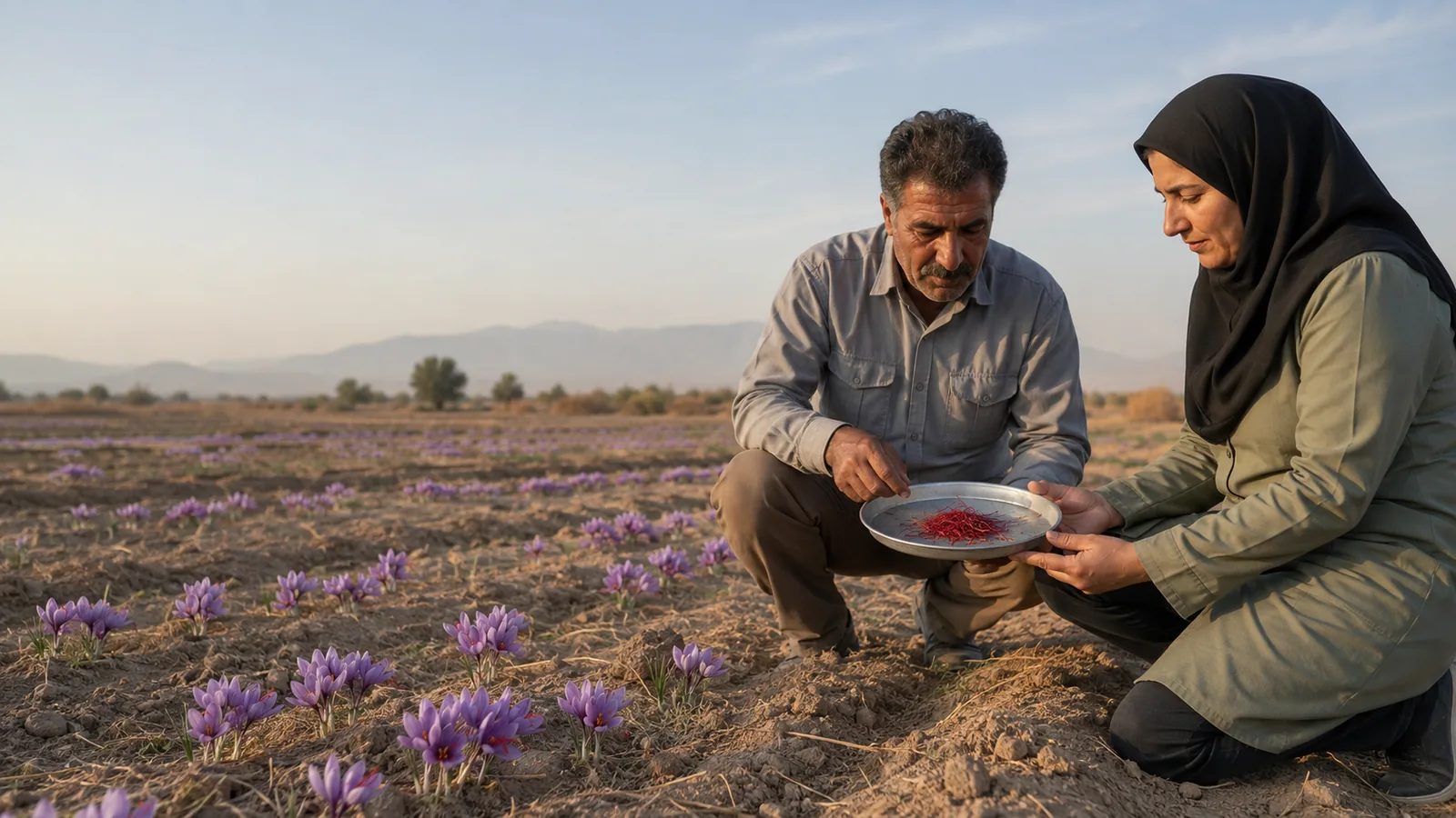 Khorasan saffron harvest inspection in a drought-affected field