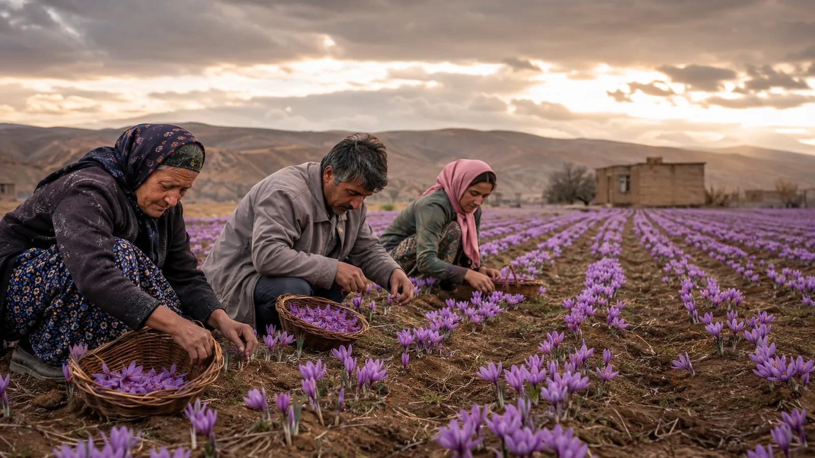 Family harvesting saffron flowers in a Khorasan field after rainfall