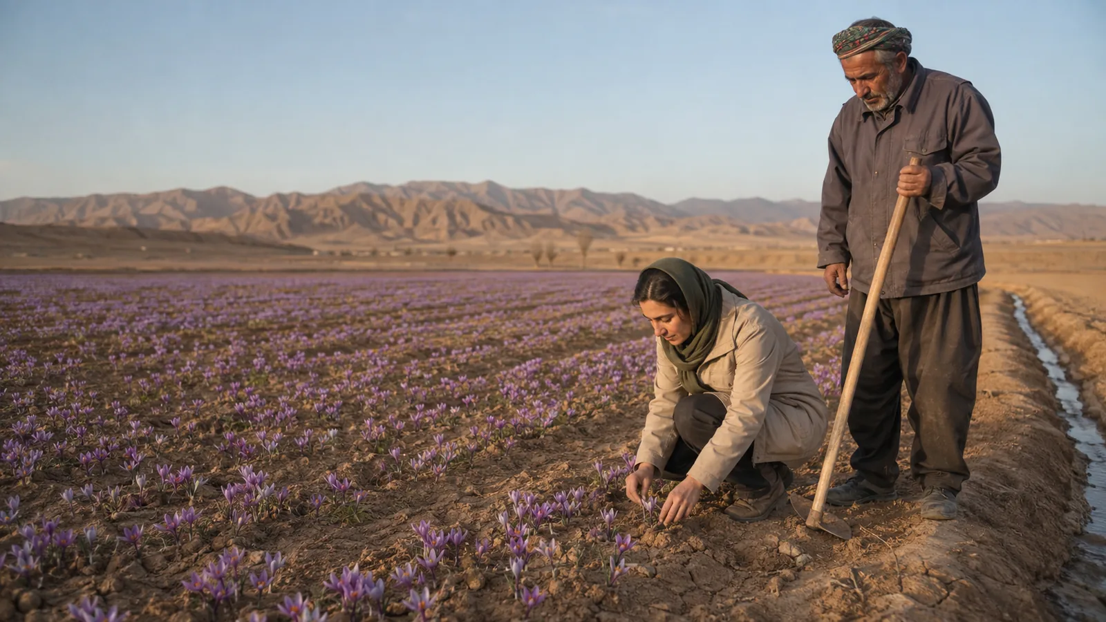 Agronomist and farmer inspecting saffron cultivation in Bahabad