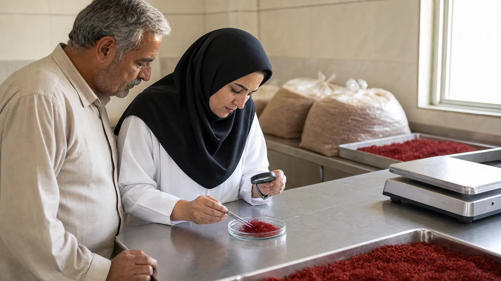 Quality specialist inspecting saffron from an Iranian annual crop