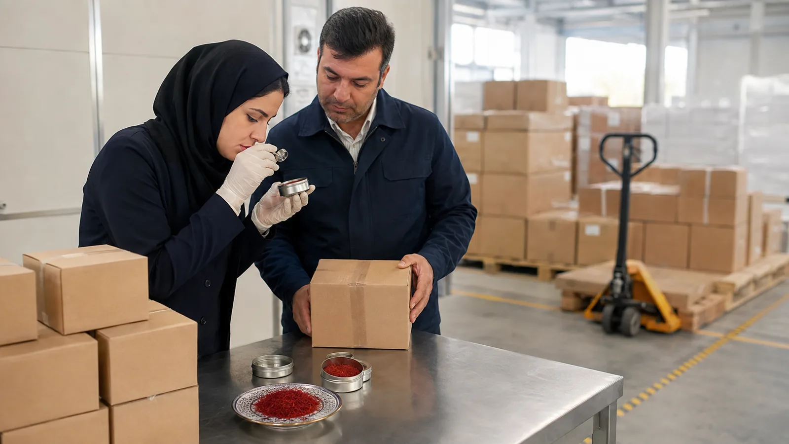 Inspectors checking saffron prepared for export in a warehouse