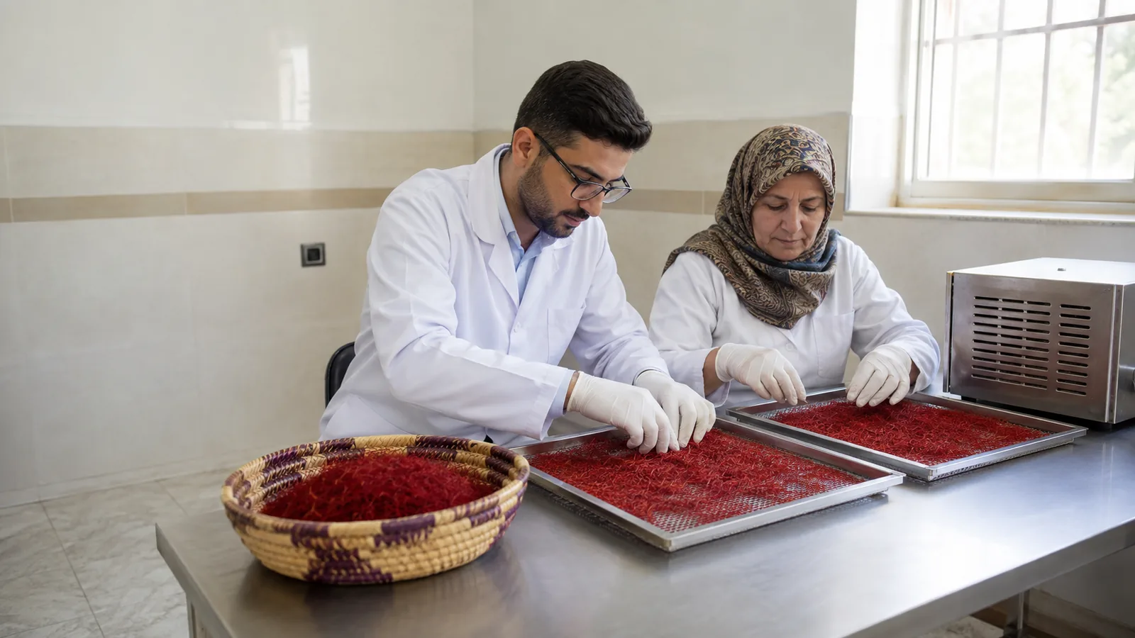 Saffron producers spreading stigmas on clean mesh drying trays