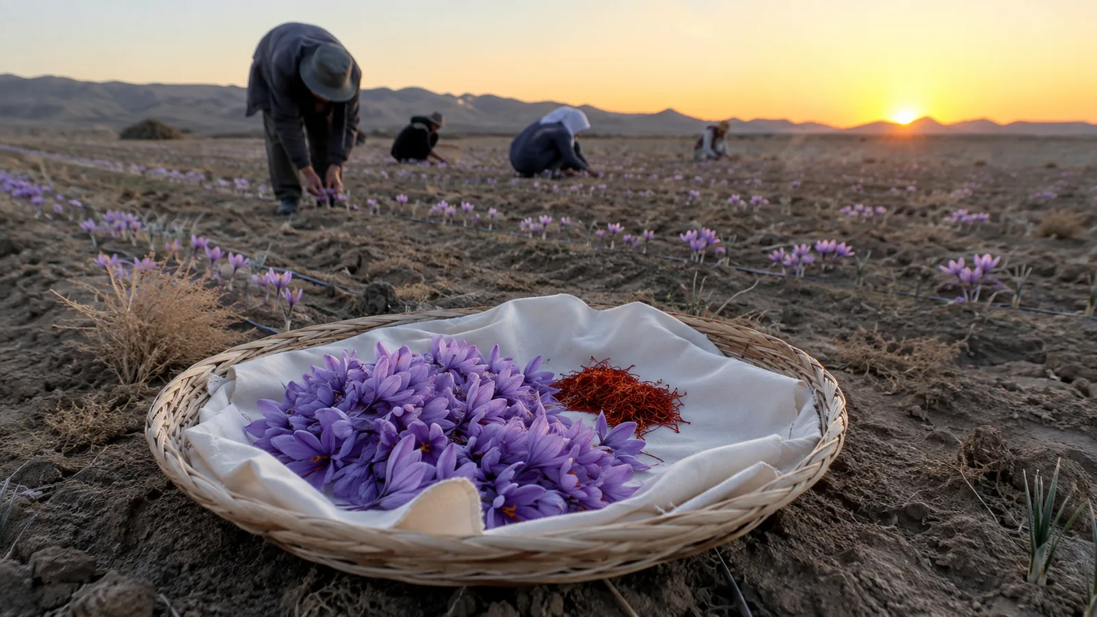 Workers harvesting saffron flowers in a dry Tabas field at dawn
