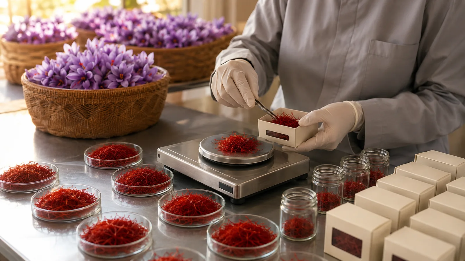 Worker grading Iranian saffron threads for retail packaging