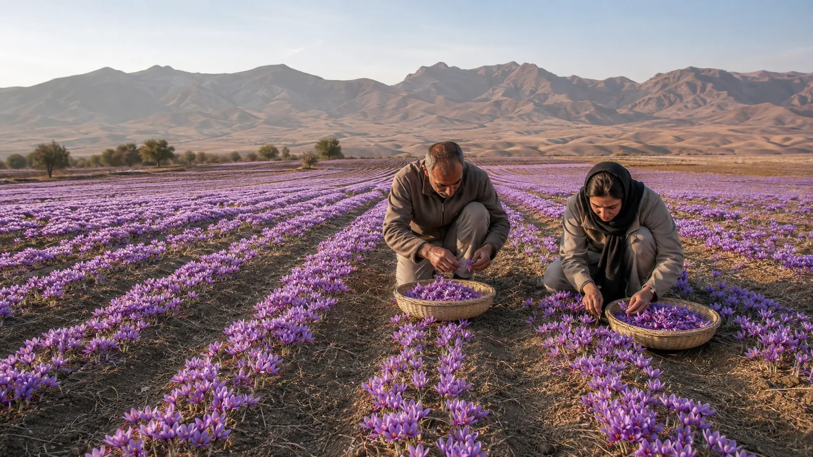 Two growers harvesting saffron in a Marand field
