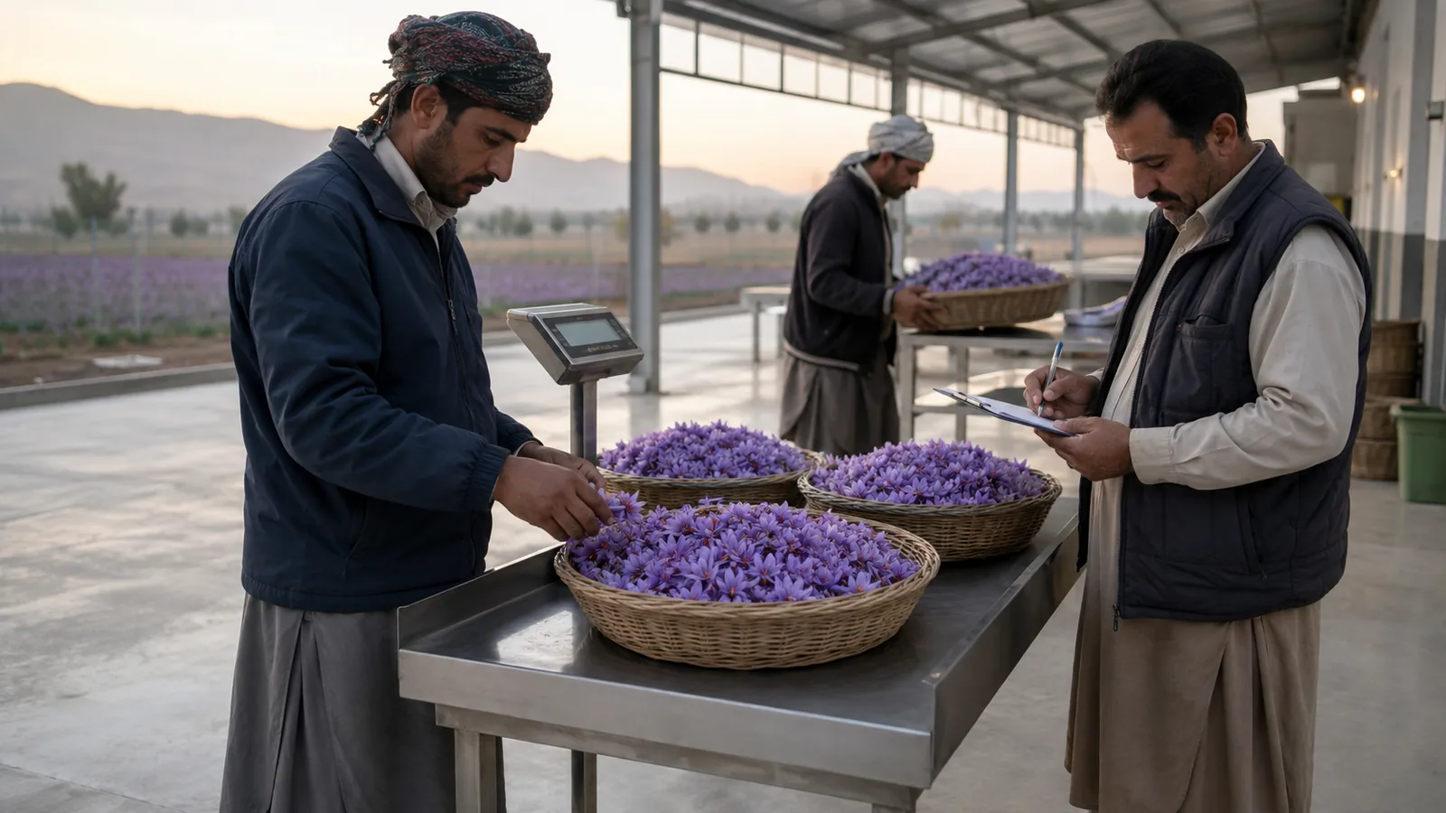 Grower and buyer weighing fresh saffron flowers in Farooj