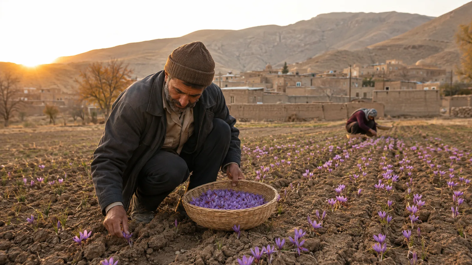 Grower picking saffron flowers in Alavi village near Kashan