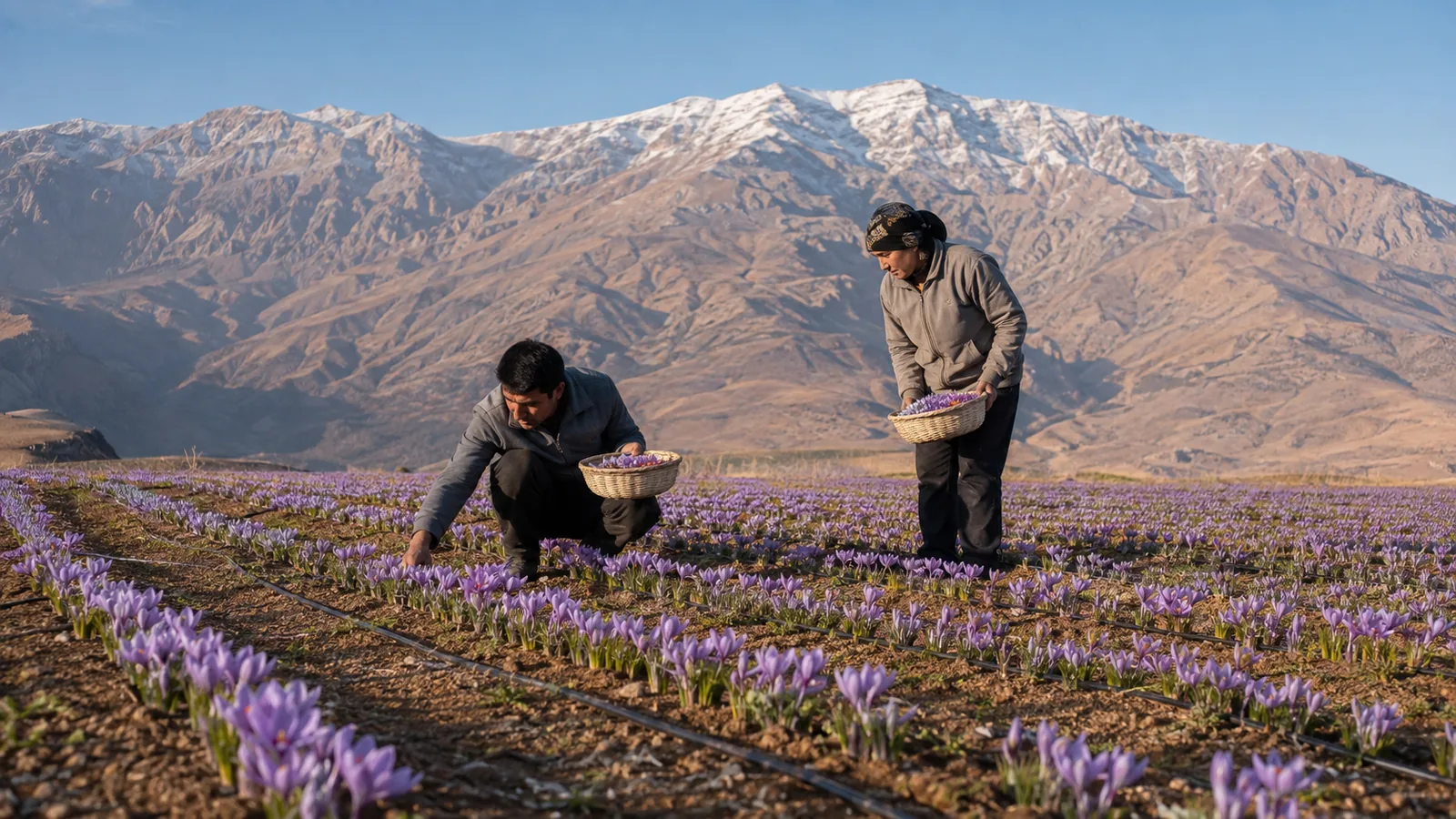 Workers harvesting saffron in a Chaharmahal and Bakhtiari highland field