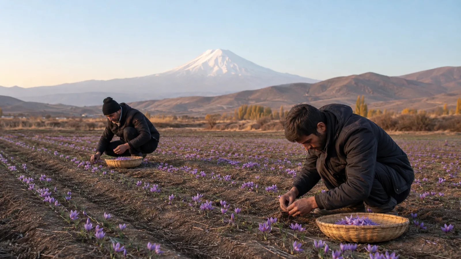 Workers picking saffron in a small field with Mount Damavand beyond
