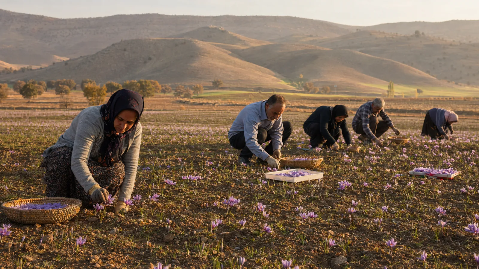 Workers harvesting saffron in fields near Khorramabad