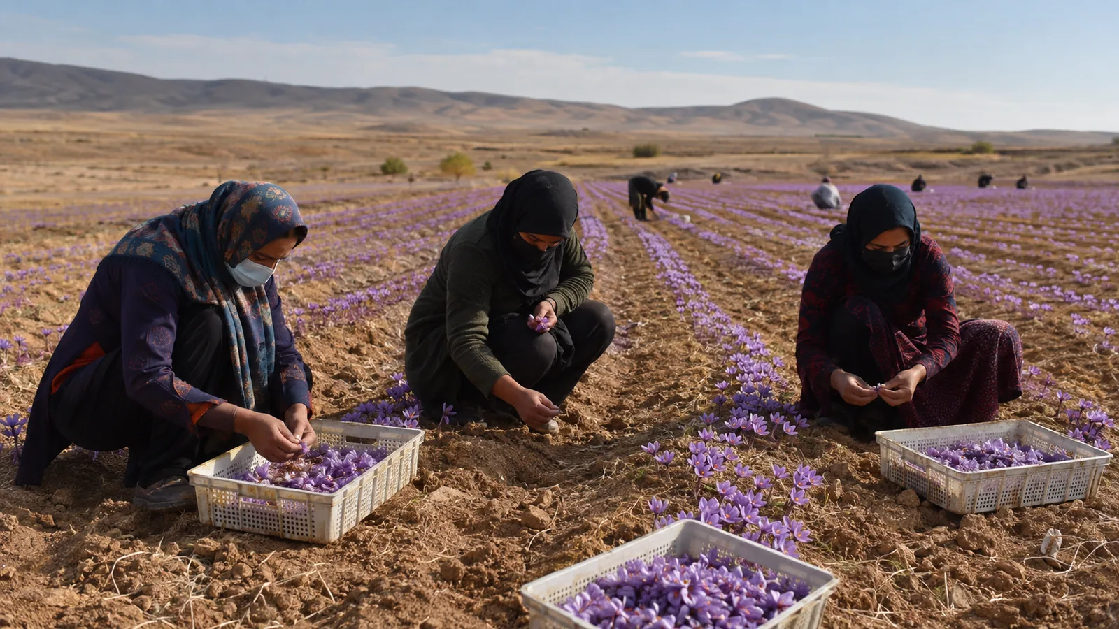 Workers collecting saffron flowers in South Khorasan fields