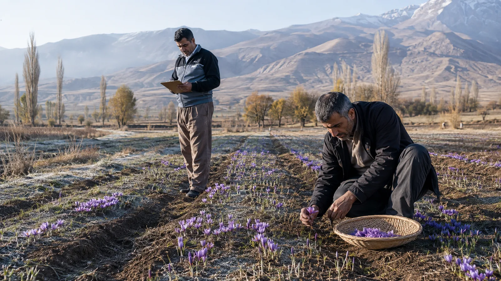 Growers inspecting a saffron field in the Hamadan highlands