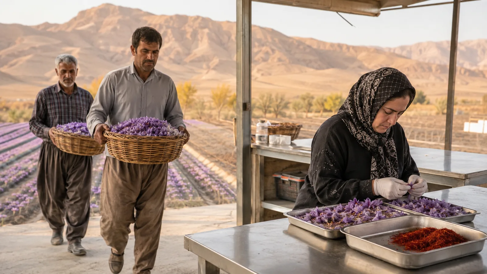 Workers bringing saffron flowers to a clean processing area in Ghaen
