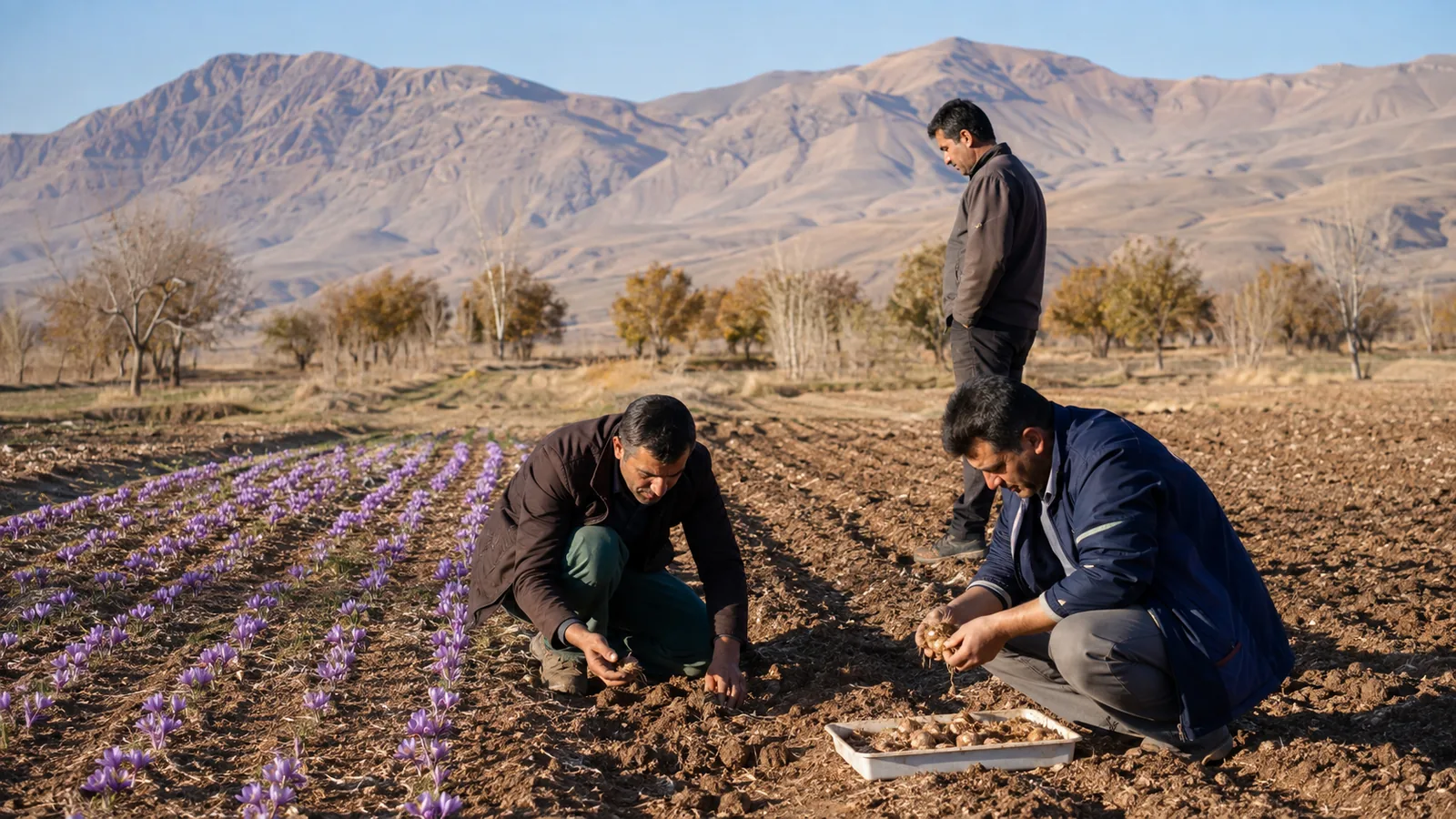 Growers assessing soil and saffron corms on a Markazi field
