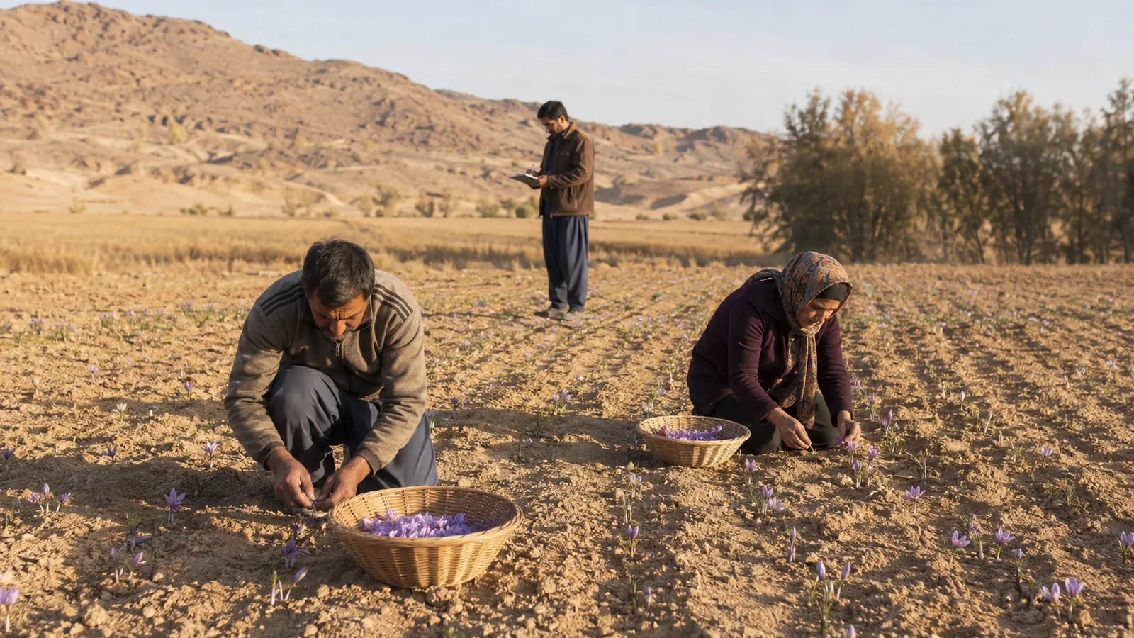 Workers harvesting a small saffron plot in Sistan and Baluchestan