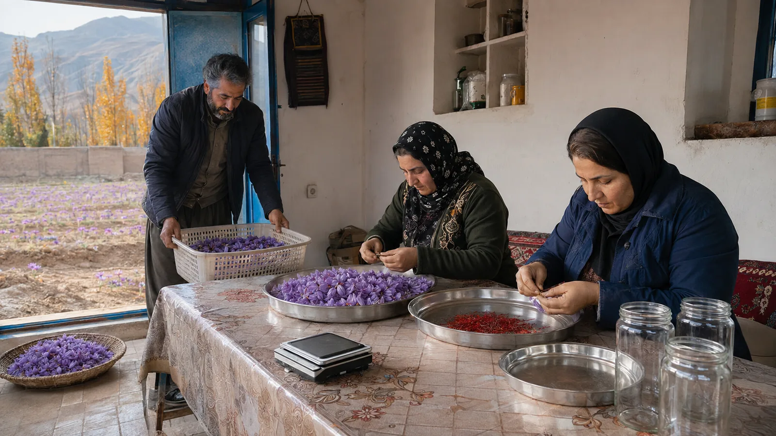 A Razan family separating saffron flowers at a clean home workspace