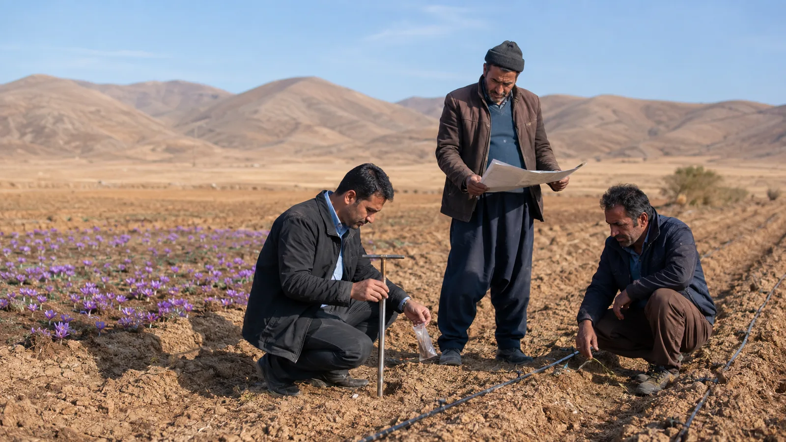 Growers assessing soil and irrigation for saffron expansion in Aradan