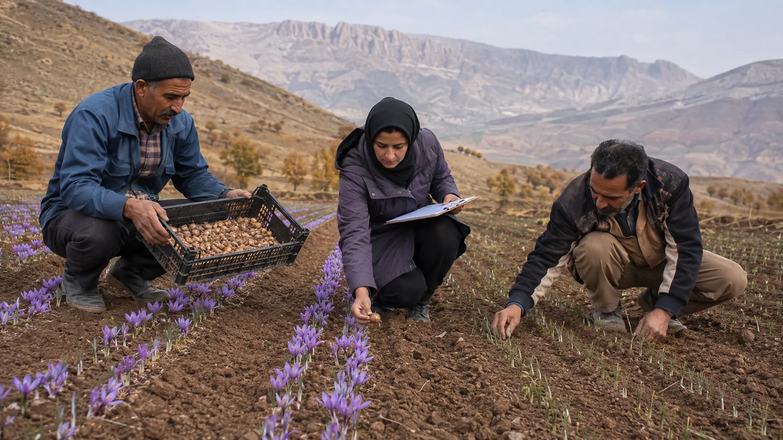 Lorestan farmers and an agricultural specialist examining saffron corms