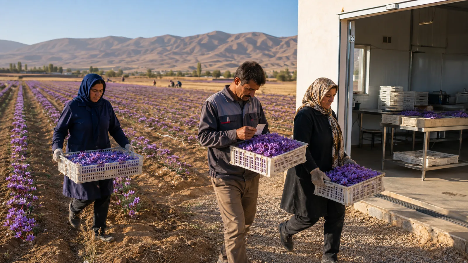 Workers carrying saffron flowers from a North Khorasan field to a processing workshop