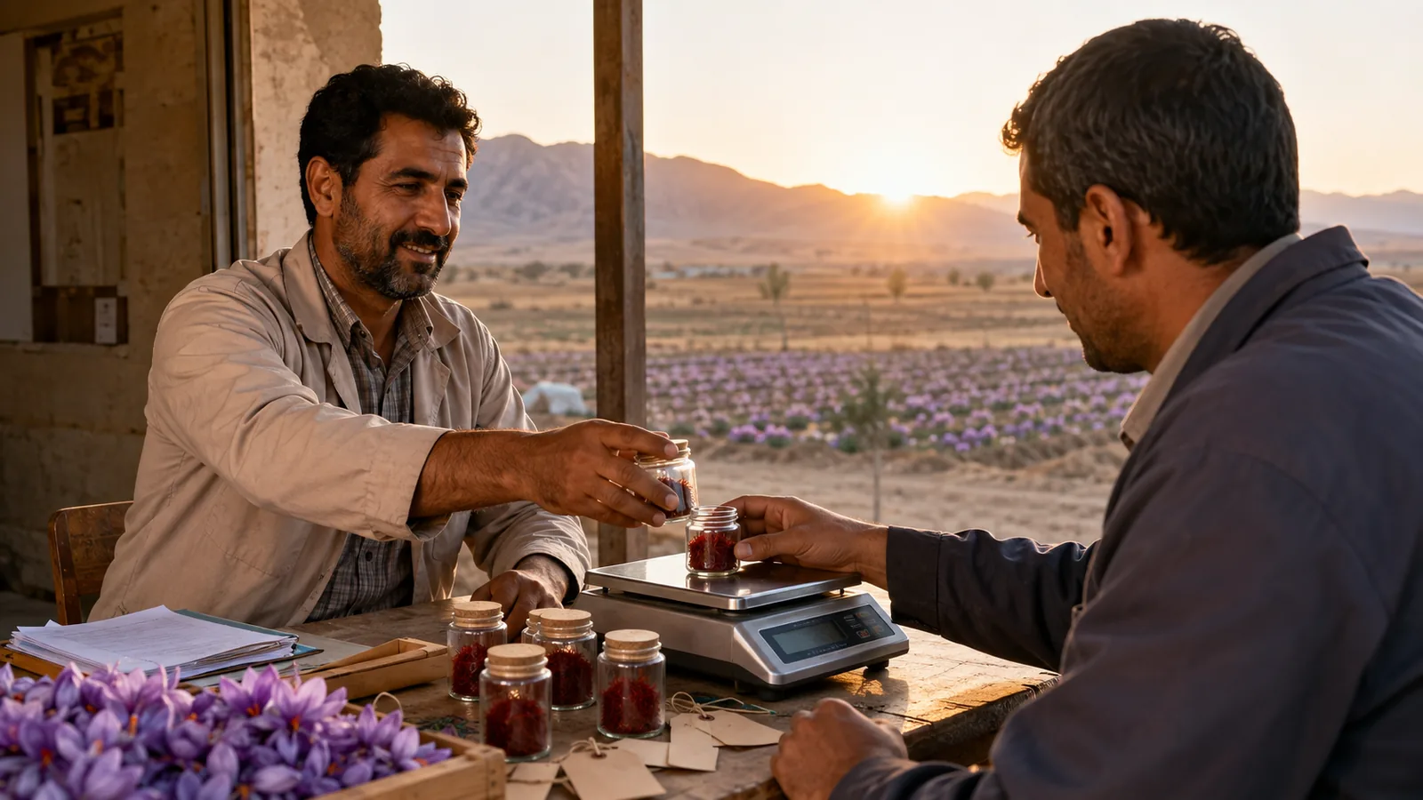 A Bardaskan grower presenting saffron for weighing at a rural cooperative