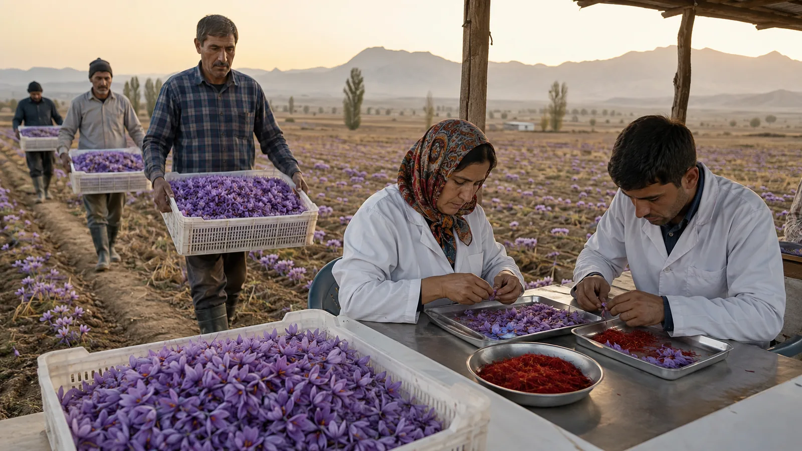 Workers carrying saffron flowers to a cleaning table at a Zaveh farm