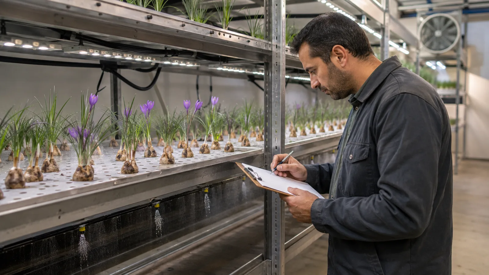 A technician inspecting saffron corms in an aeroponic grow room