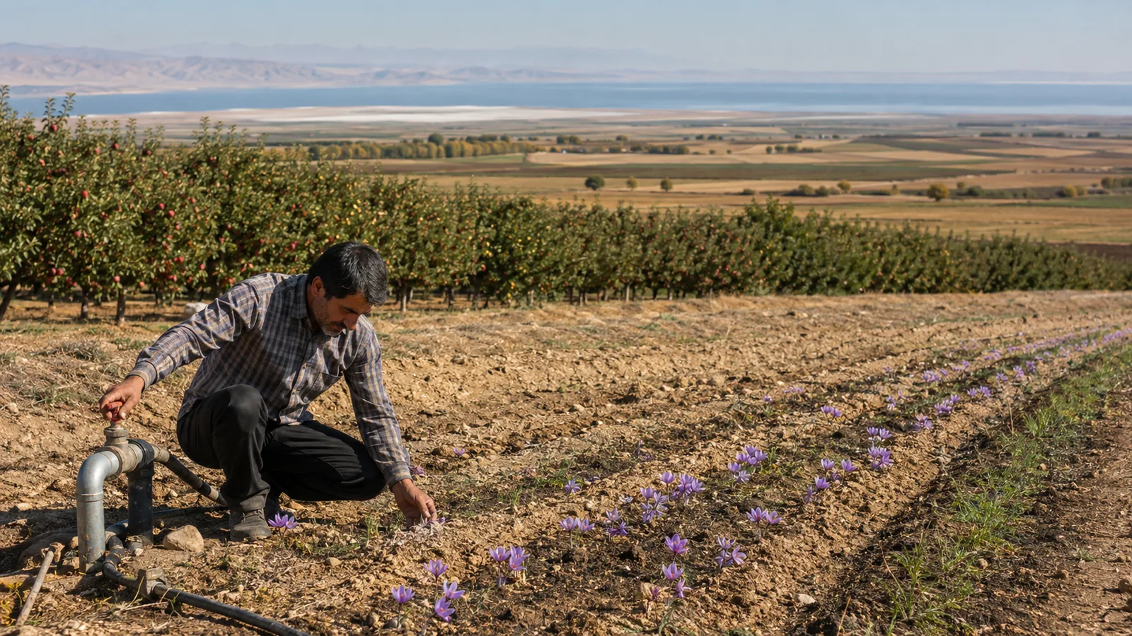 A farmer checking irrigation beside saffron and apple orchards in the Lake Urmia basin