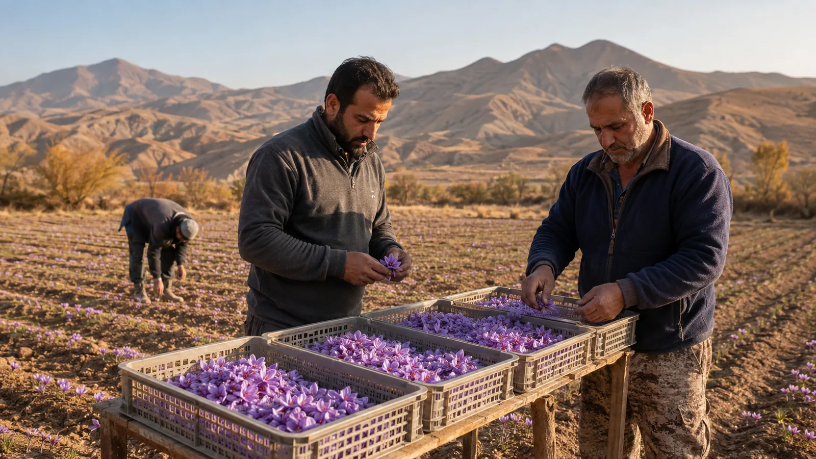 Zarand growers sorting freshly picked saffron flowers in clean field crates