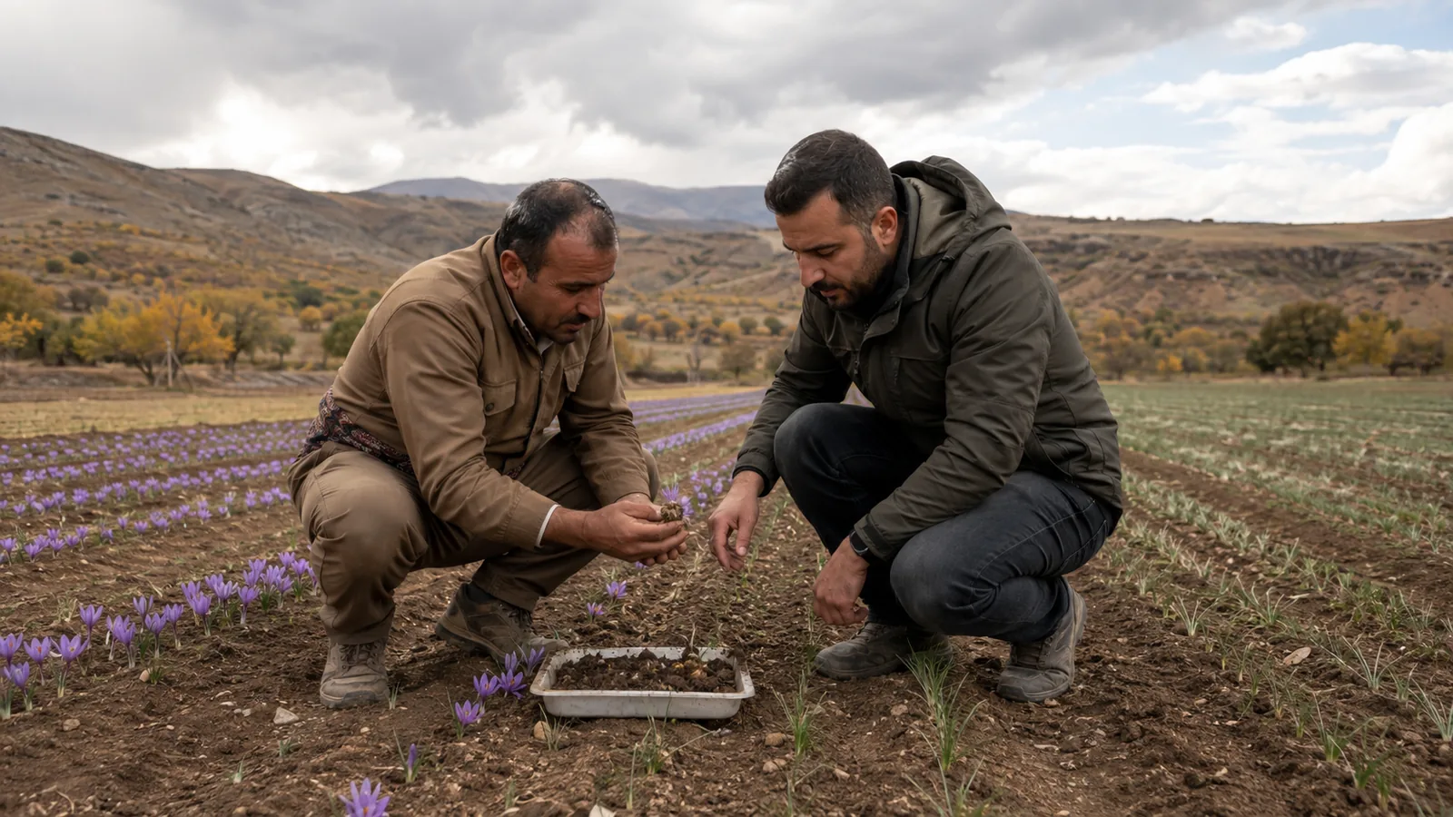 A farmer and agronomist inspecting young and flowering saffron rows in Kurdistan