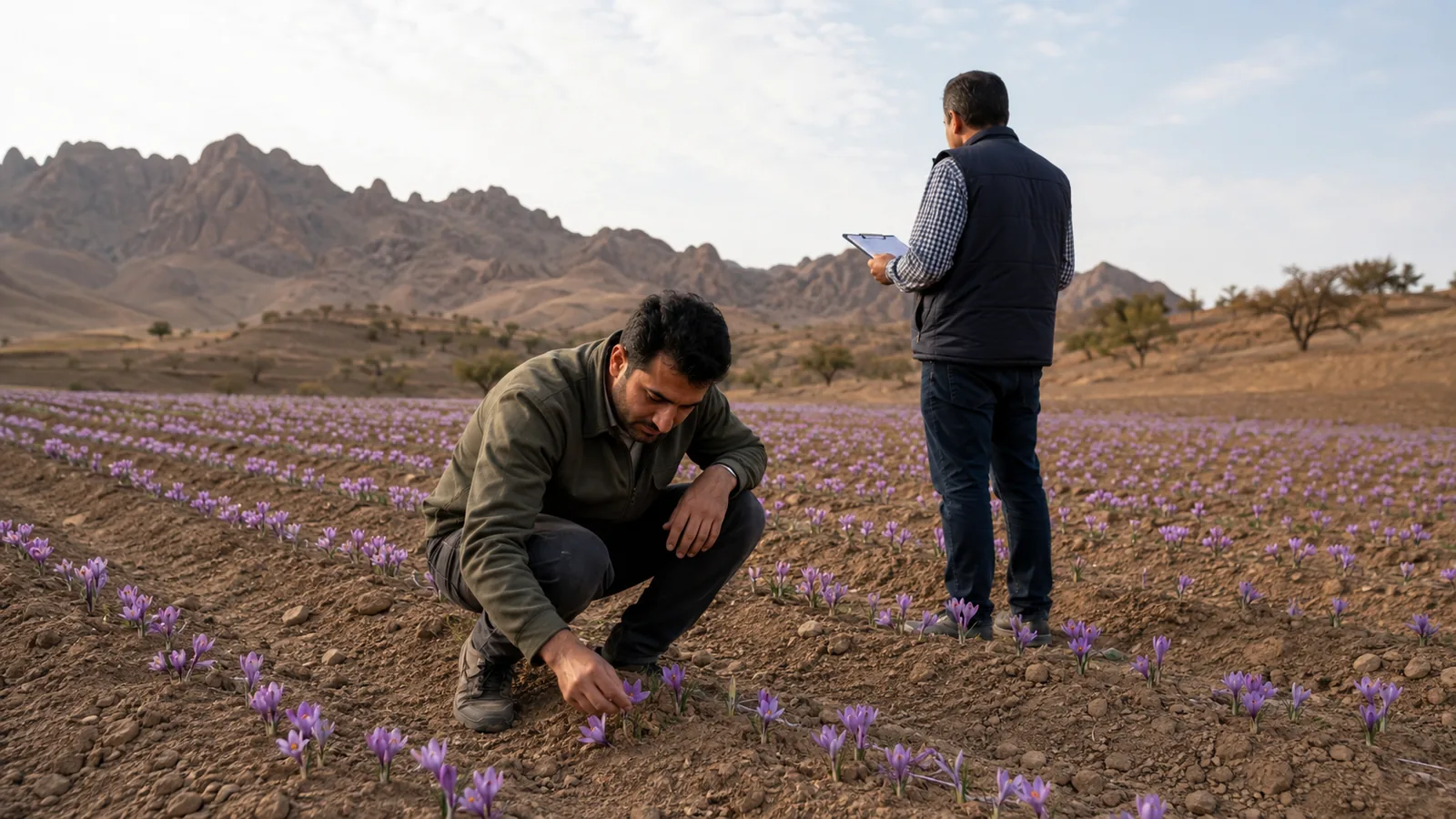Grower and agronomist inspecting a flowering saffron field in Rafsanjan