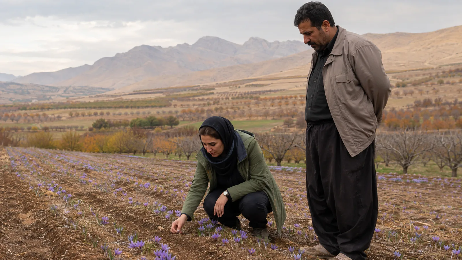 Agronomist and grower assessing a flowering saffron field in West Azerbaijan