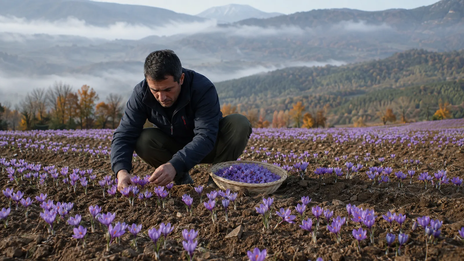 Grower harvesting saffron flowers in the uplands of Mazandaran