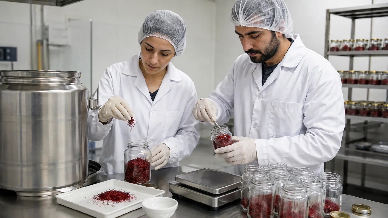 Quality workers packing bulk saffron into traceable glass jars