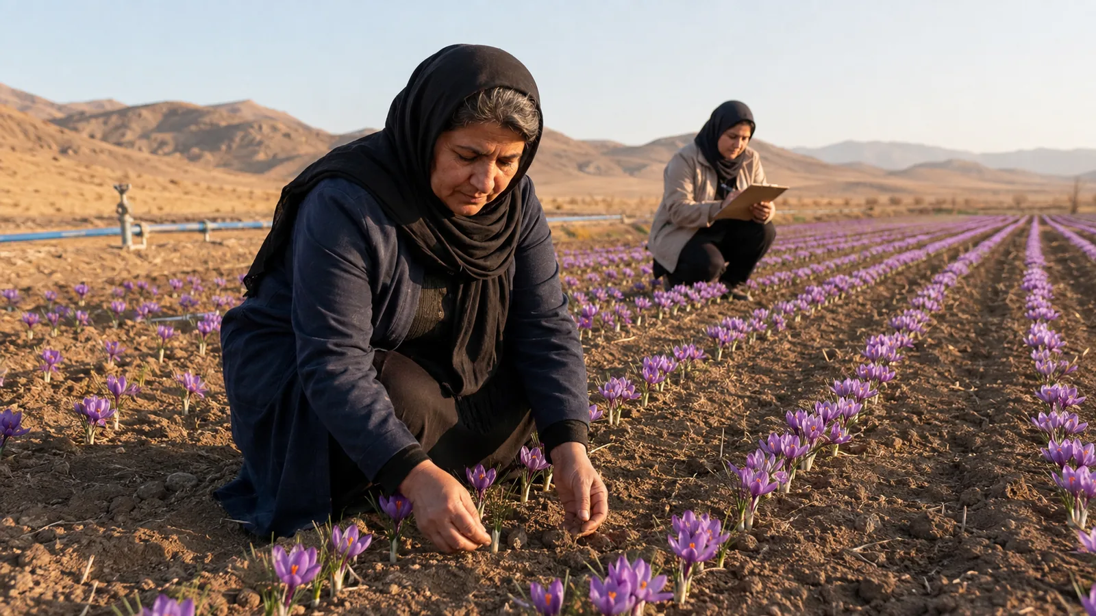 Women assessing a saffron field in Qom province