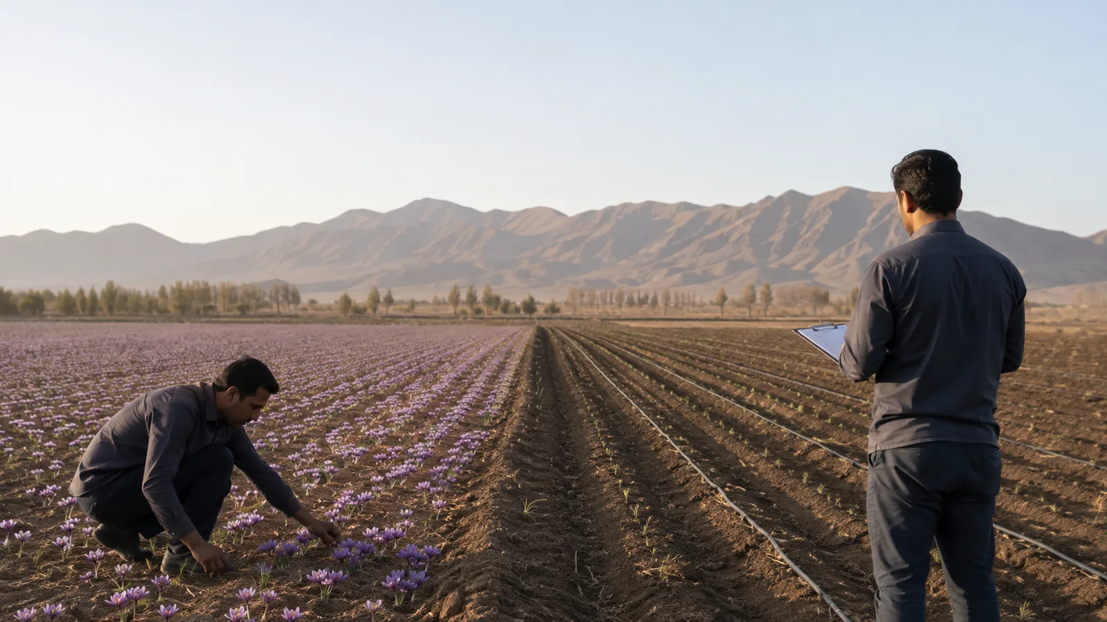 Farmers comparing mature and young saffron fields in Damghan
