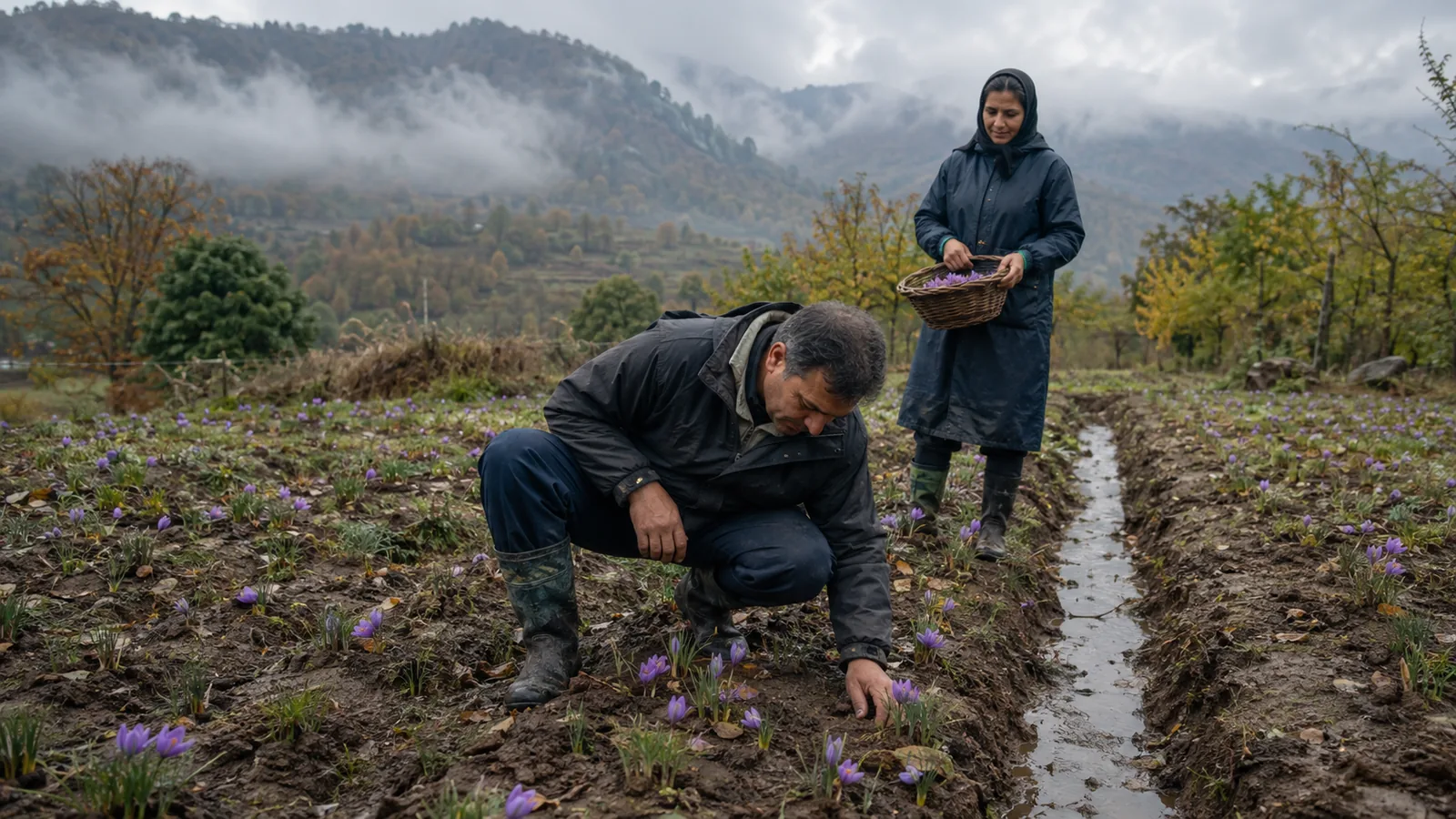 Farmers inspecting saffron drainage after rain in Kojoor