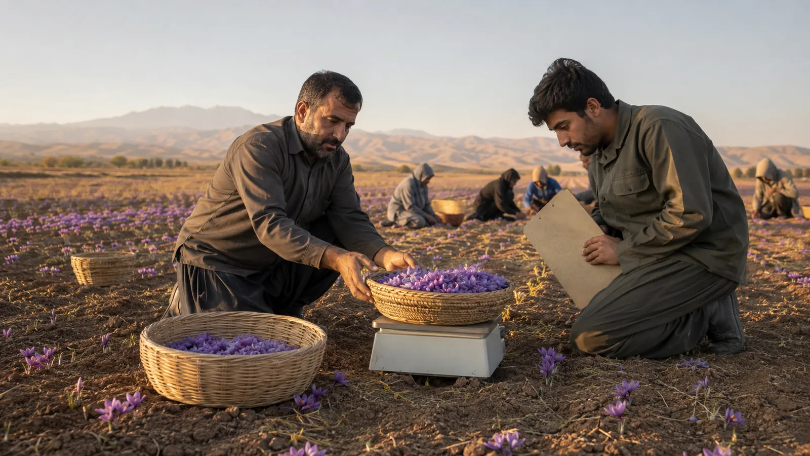Workers weighing a saffron flower sample near Sabzevar