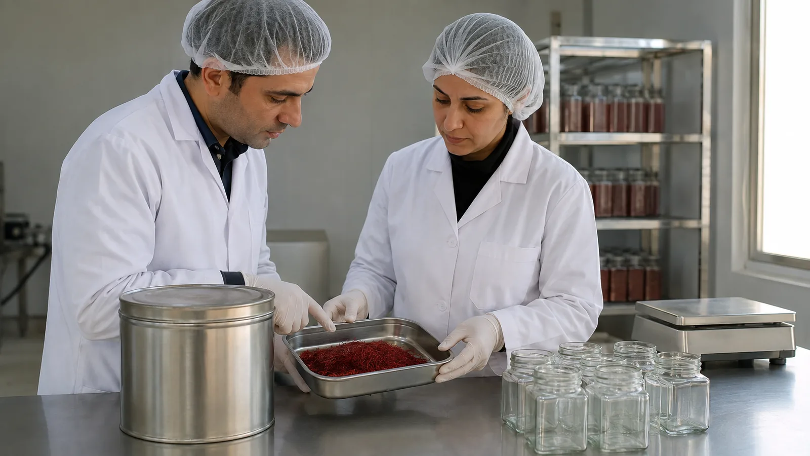 Quality workers comparing bulk saffron with retail jars
